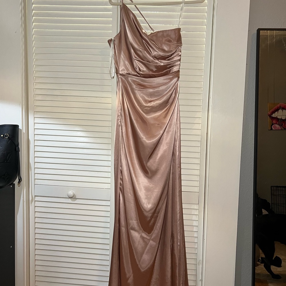 Satin One Shoulder Bridesmaid, Formal Gown -  Sand